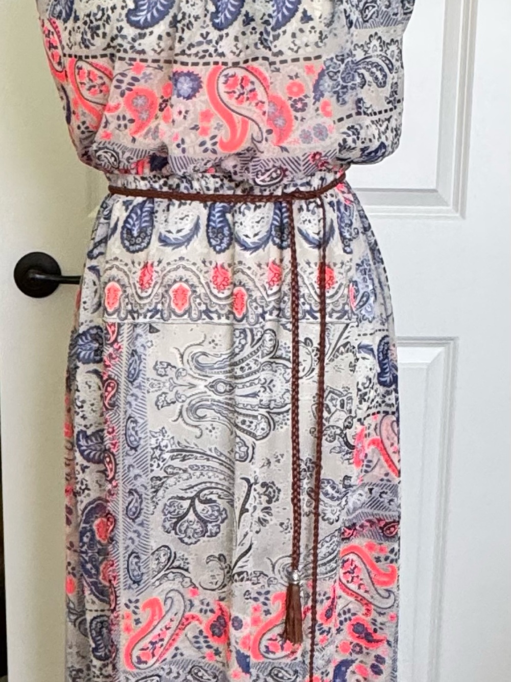 Boho Paisley Print Women's Maxi Dress in neon Coral and Blue